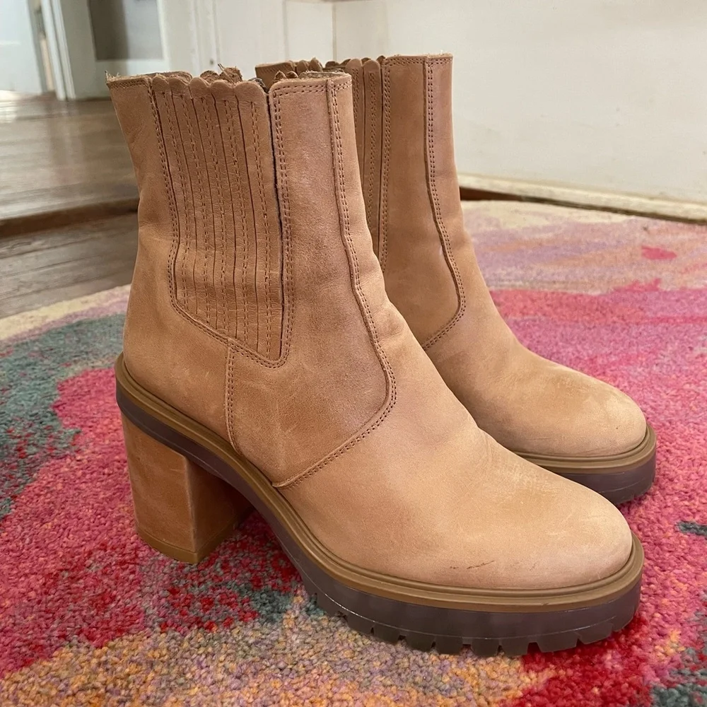 Free People Tan Leather Block Heel Ankle Booties